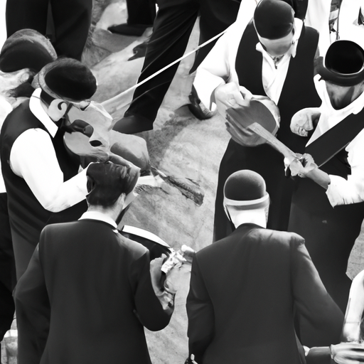 1. A black and white image depicting a group of Israeli folk musicians playing traditional instruments.