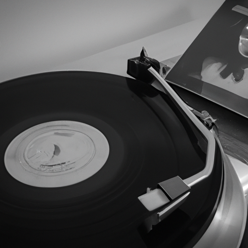 A black and white photo of a vintage record player with an old vinyl record featuring a famous female Israeli musician