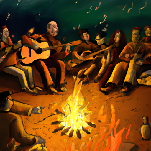 An image depicting a group of people gathered around a campfire, singing traditional Israeli folk songs.