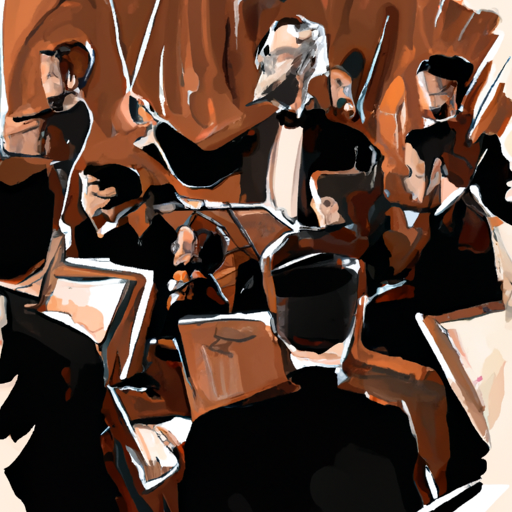 A serene illustration of an Israeli orchestra performing a classical symphony, highlighting the conductor in action