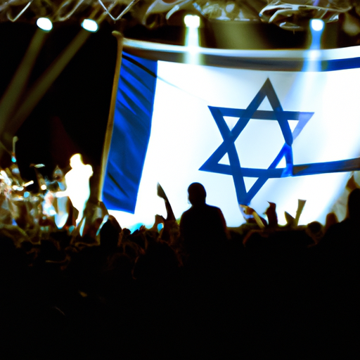 An image depicting a crowd at a music concert with the Israeli flag being waved prominently, symbolizing the nationalistic role of music.