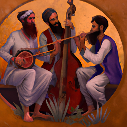 1. An old illustration showing people in traditional Israeli attire playing various ancient musical instruments