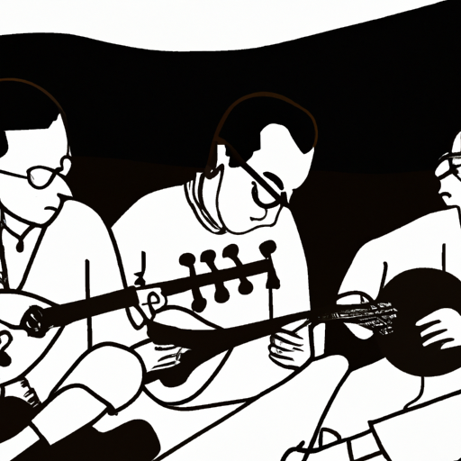 An image depicting a group of people playing traditional Israeli instruments, with the focus on a man strumming an oud