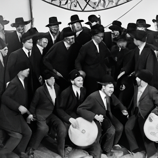 1. An old black and white photograph of a group of early Jewish immigrants dancing in a circle, playing traditional instruments.